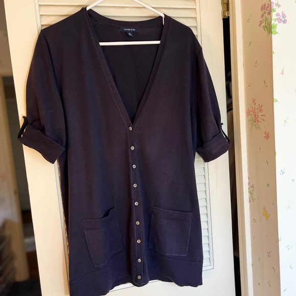 Lands' End Navy Cotton-Blend Short-Sleeve Cardigan - Picture 1 of 5
